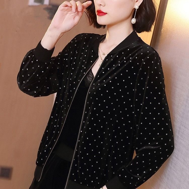 Black Velvet White Dots Zipper Jacket