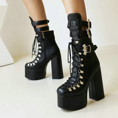 High-Heeled Ankle With Bat Buckle And Laces Boots