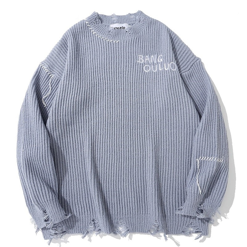 Solid Color Destroy Ripped Knitted Sweater