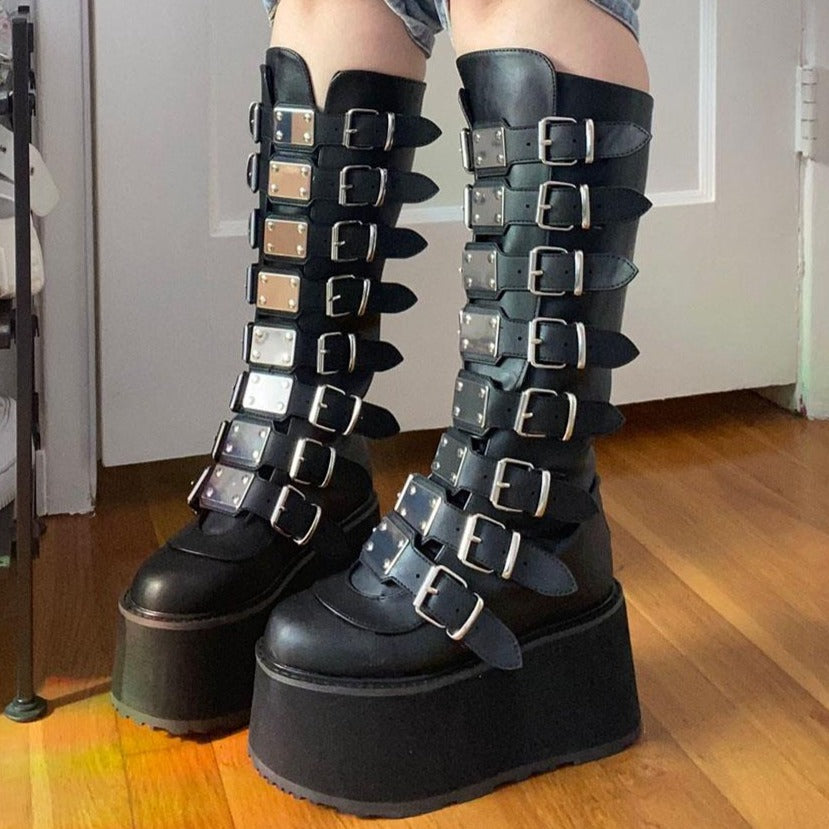 High Platform Metal Buckle Wedges Gothic Boots