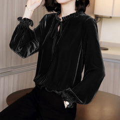 Vintage Long Sleeve Velvet Ruffled Shirt