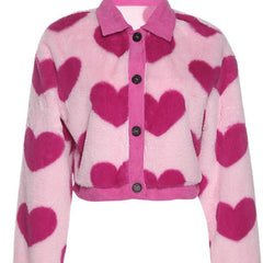 Pink Cropped Jacket Faux Fur Hearts