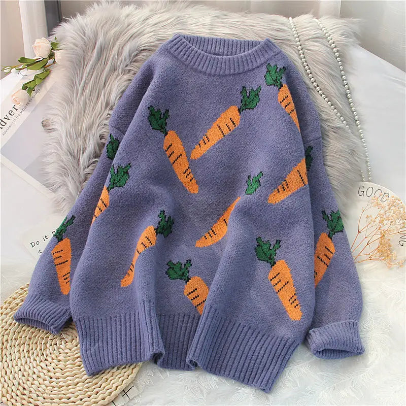 Carrot Print Lantern Sleeve Sweater