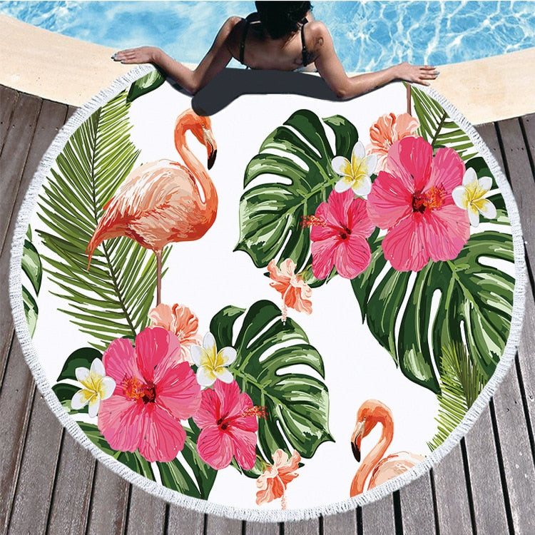 Round Beach Flamingo Towel With Drawstring