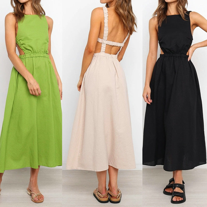 Solid Color Sleeveless Backless Elastic Waist Dress