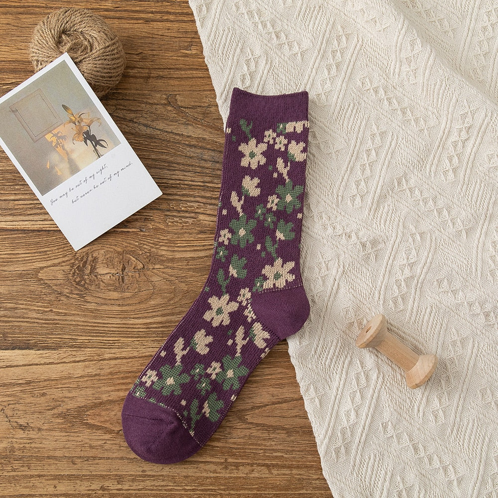 Solid Color Floral Socks