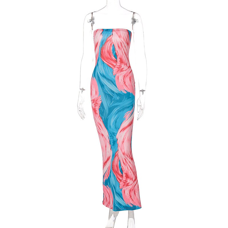 Strapless Sleeveless Off Shoulder Tie Dye Print Dress