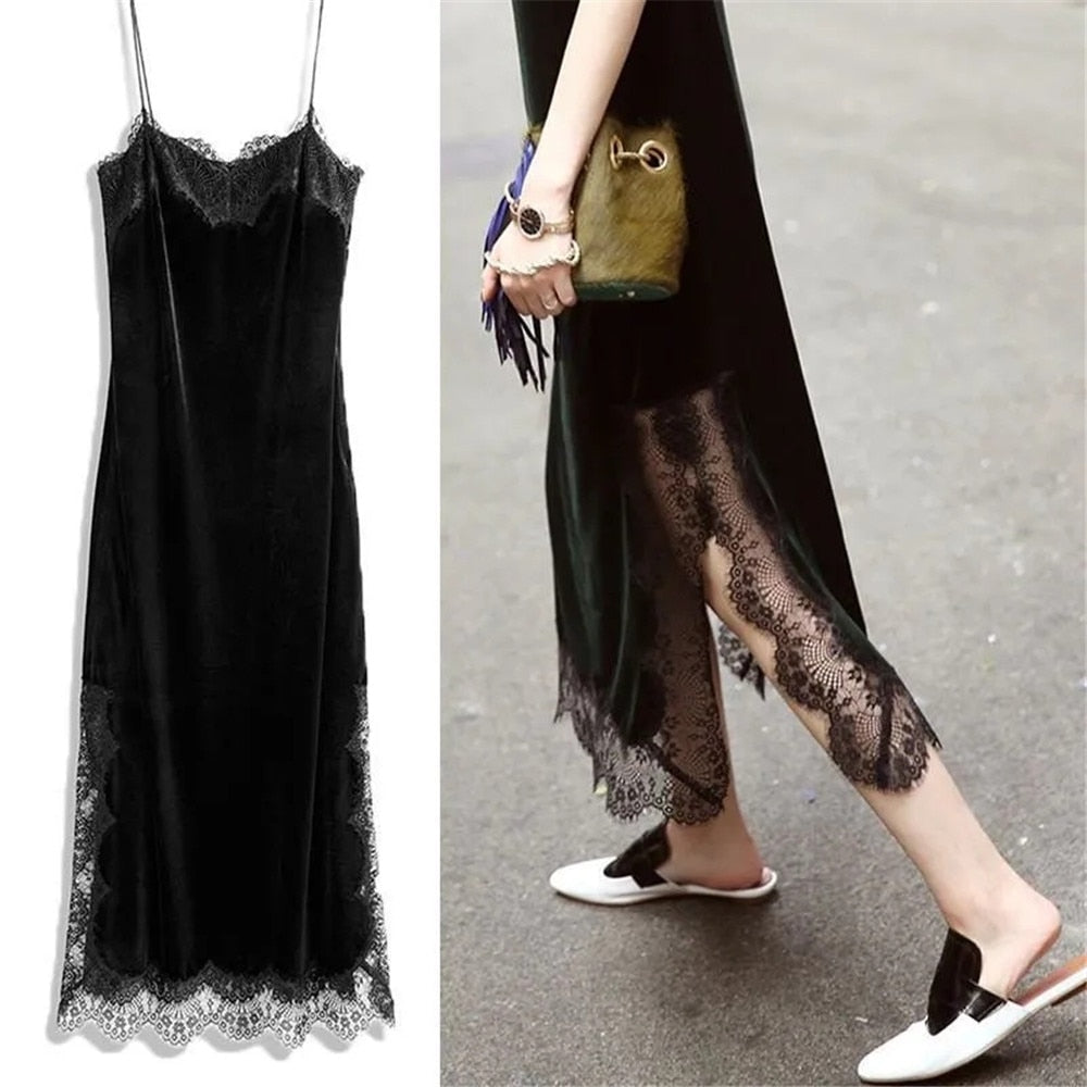 Velvet Goth Vintage Lace Long Dress