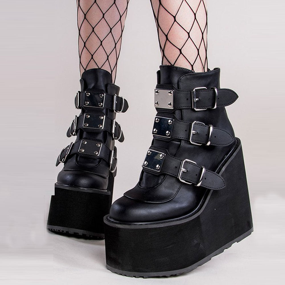 High Platform Metal Buckle Wedges Gothic Boots