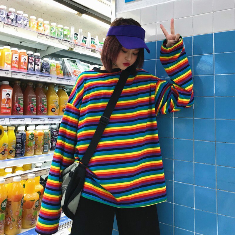 Rainbow Striped Loose Casual Sweatshirt