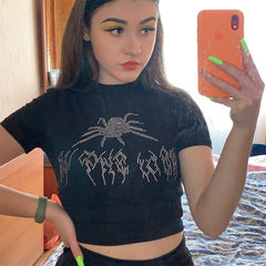 Spider Goth Rhinestone Crop Top