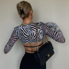 Zebra Mesh Bra Crop-Top See Through Long Sleeve