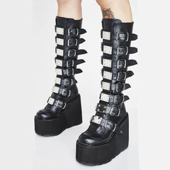 High Platform Metal Buckle Wedges Gothic Boots