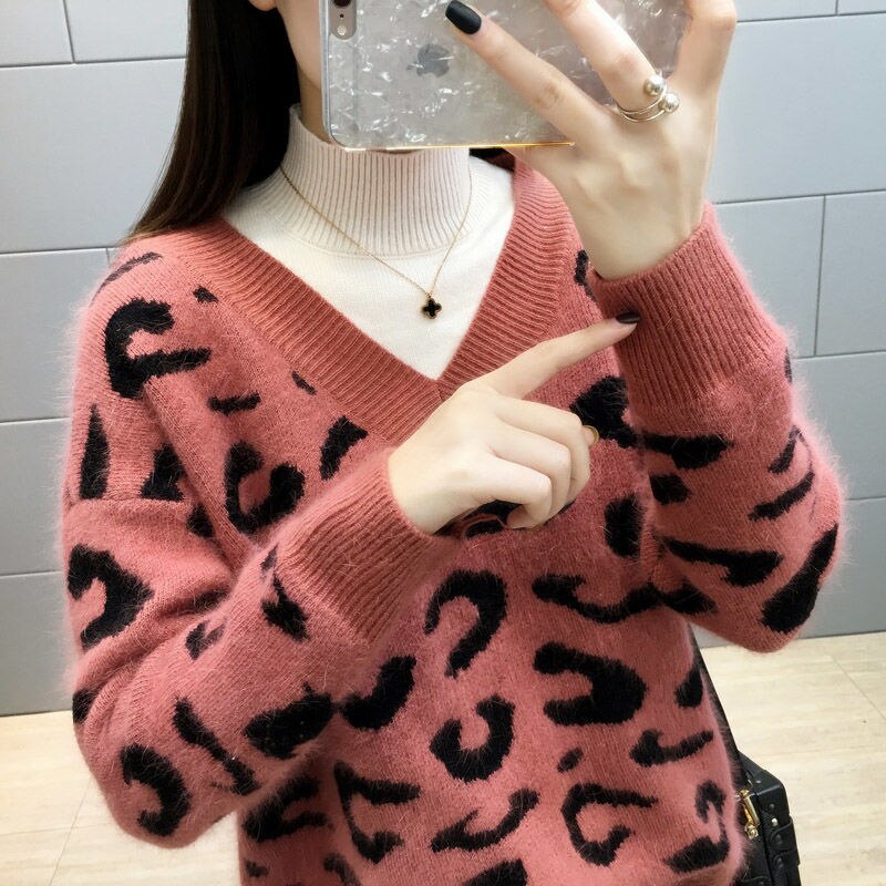 Leopard V-Neck Knitted Sweater