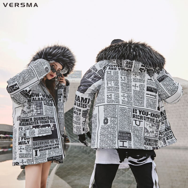 Korean Style Newspaper Printed Winter Coat