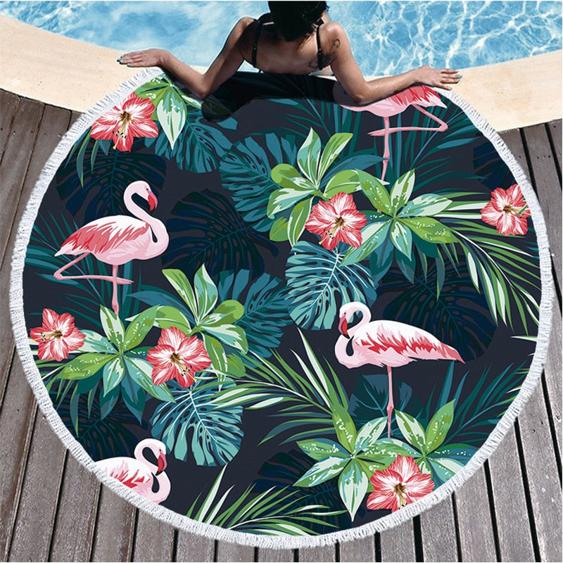 Round Beach Flamingo Towel With Drawstring