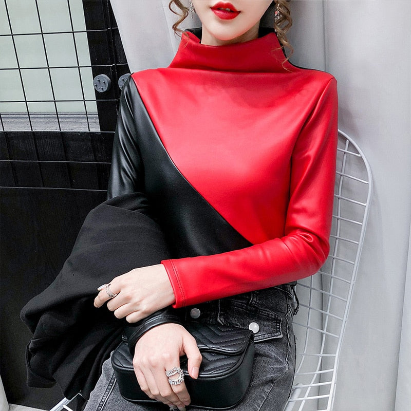 Long Sleeve Plus PU Leather Women Tops