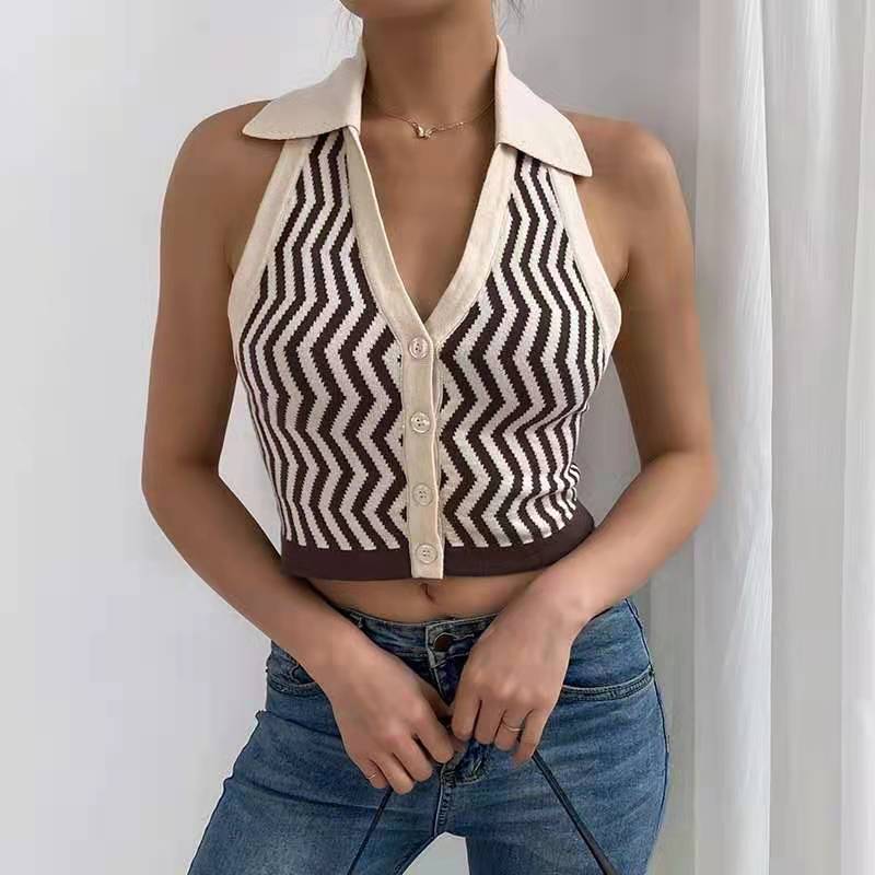 Striped Pattern Knitted Backless Crop Top