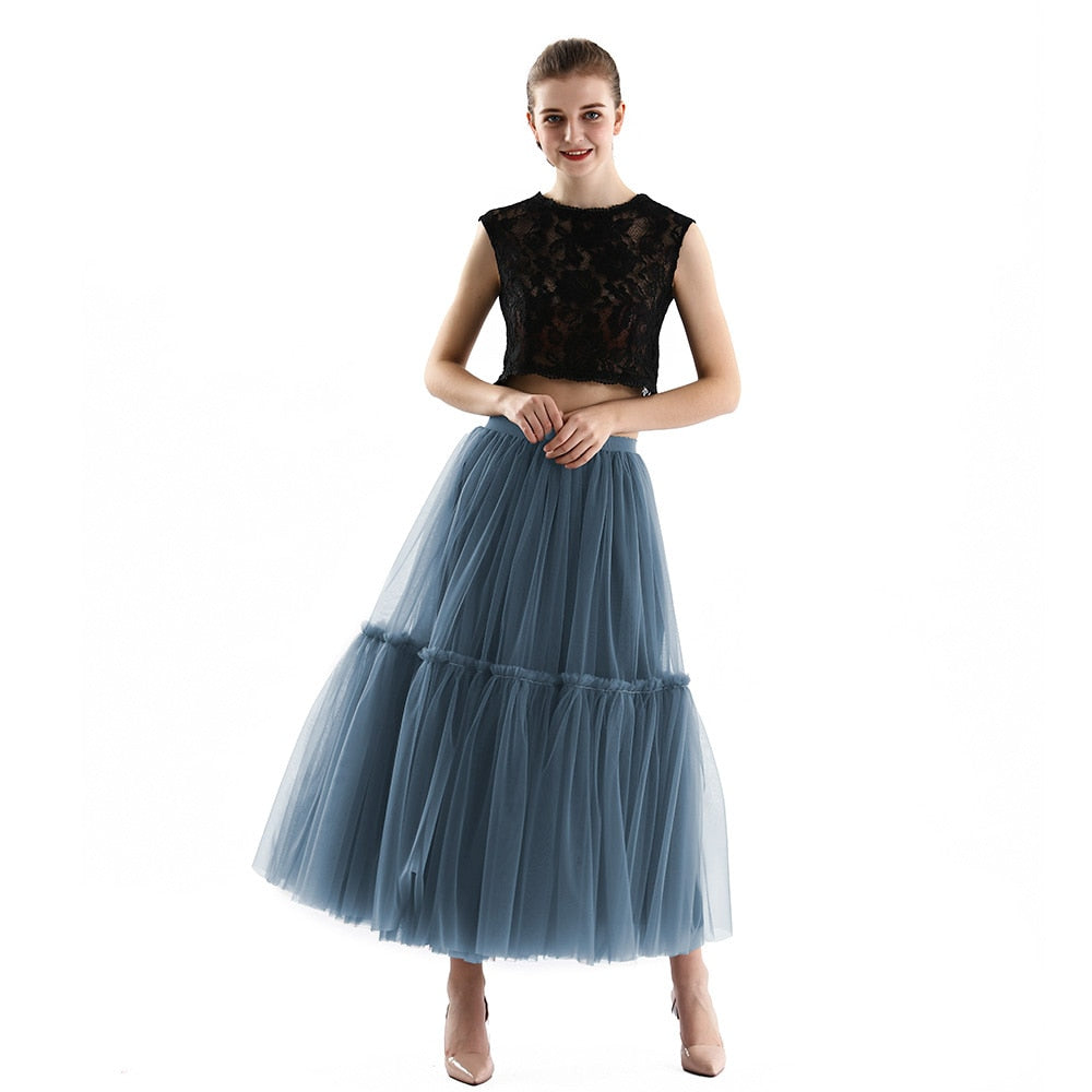 Long Tulle Black Pleated Skirt