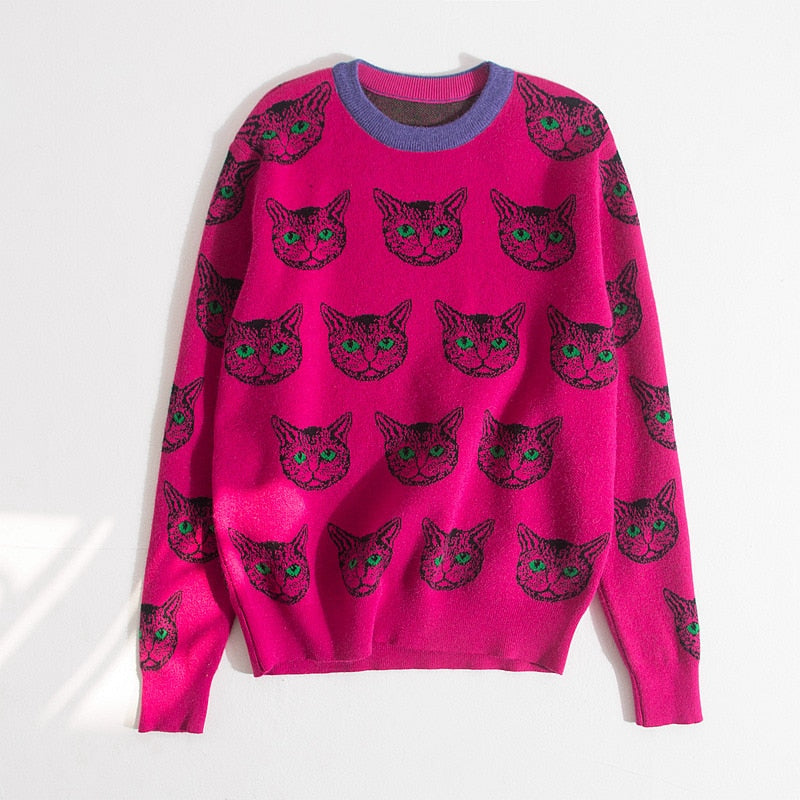 Psychedelic Cat Print Knitted Sweaters