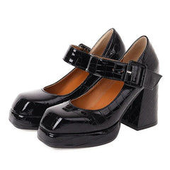 High Heel Square Platform Buckle Strap Pumps