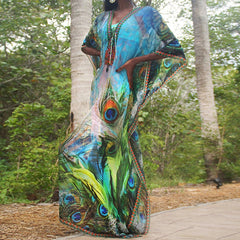 Peacock Feather Print Chiffon Dress