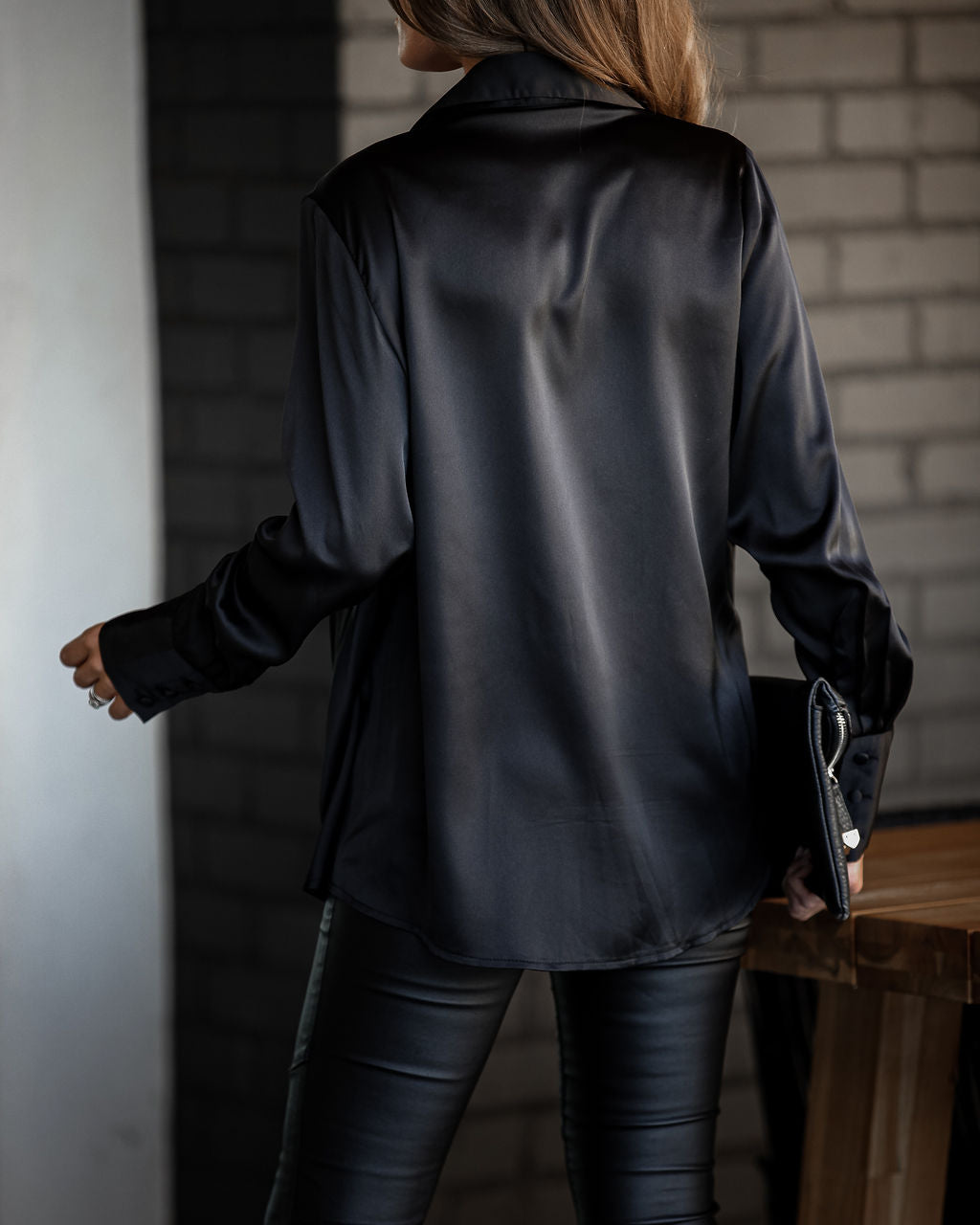 Problem Solved Satin Collared Drape Blouse - Black