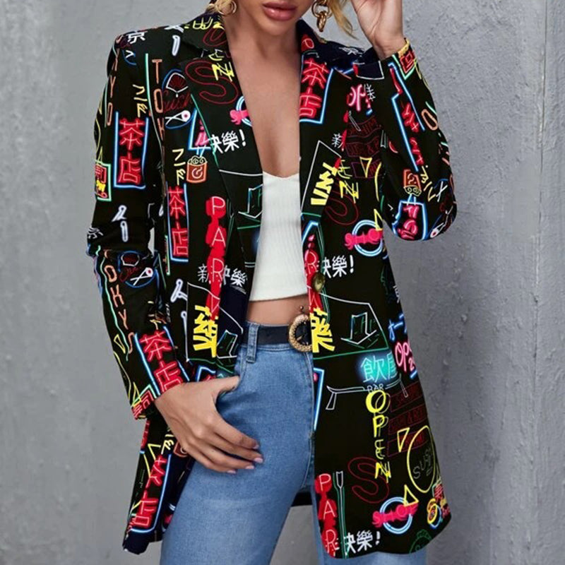 Neon Signs Letters Print Long Sleeves Lapel Suit Blazer