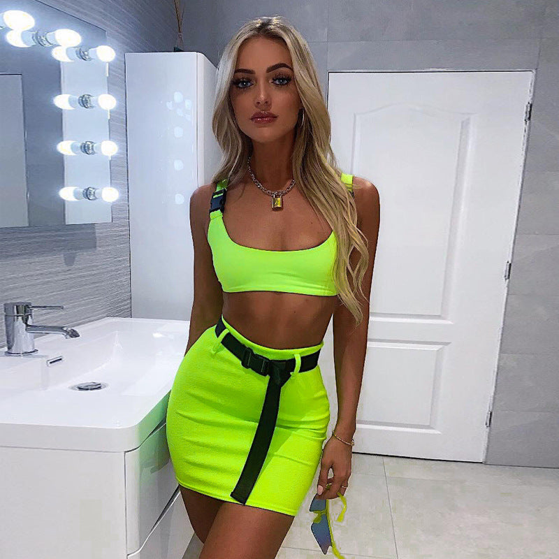 Solid Color Crop Top And Skirt Set