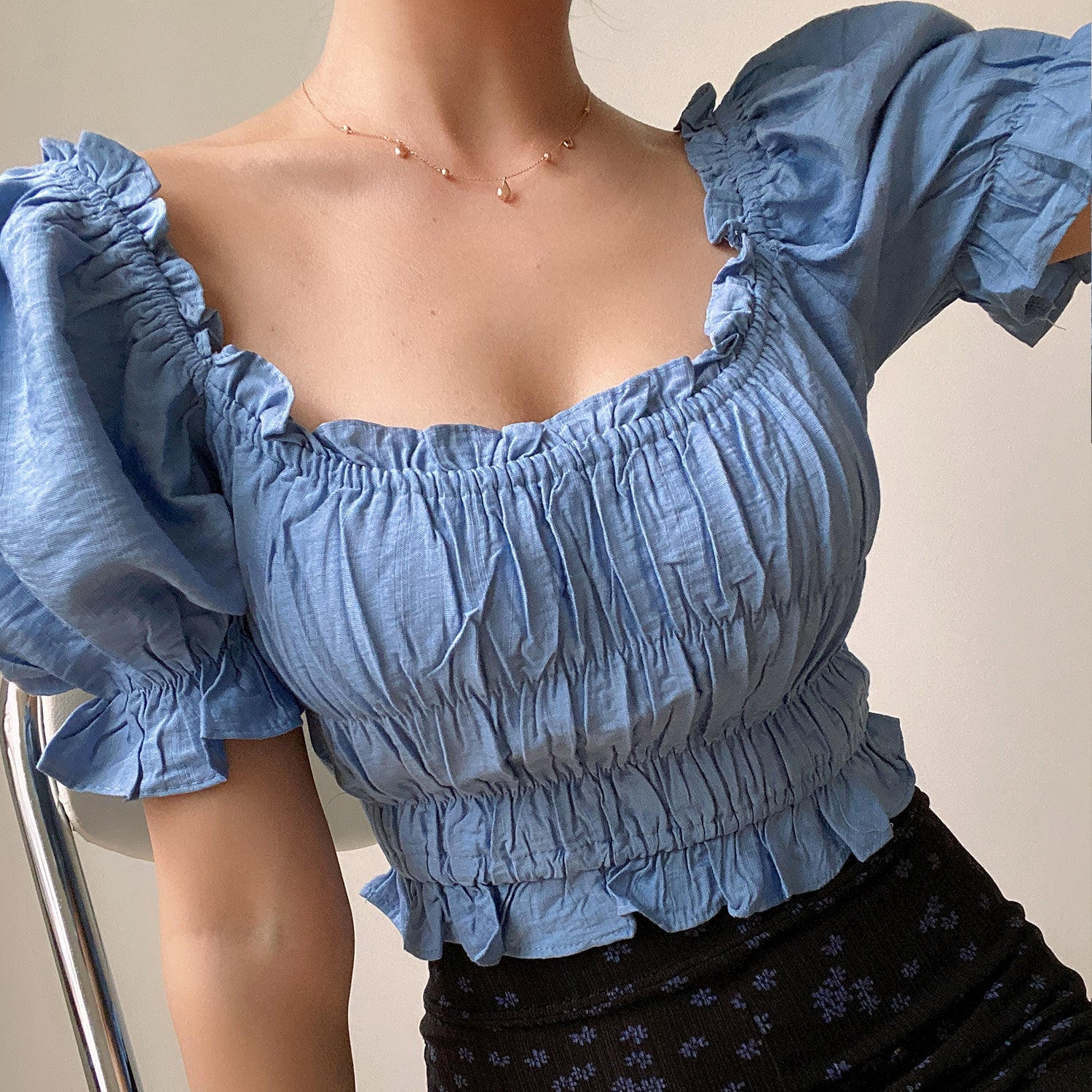 Square Neck Pleated Crop Top