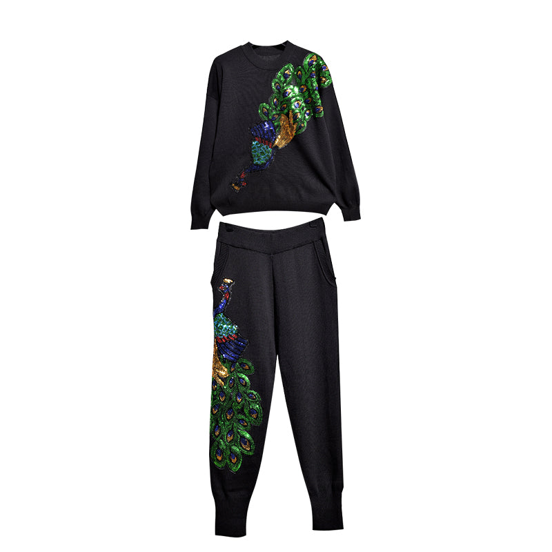 Peacock Sweater Trousers with Sequins 2 Set