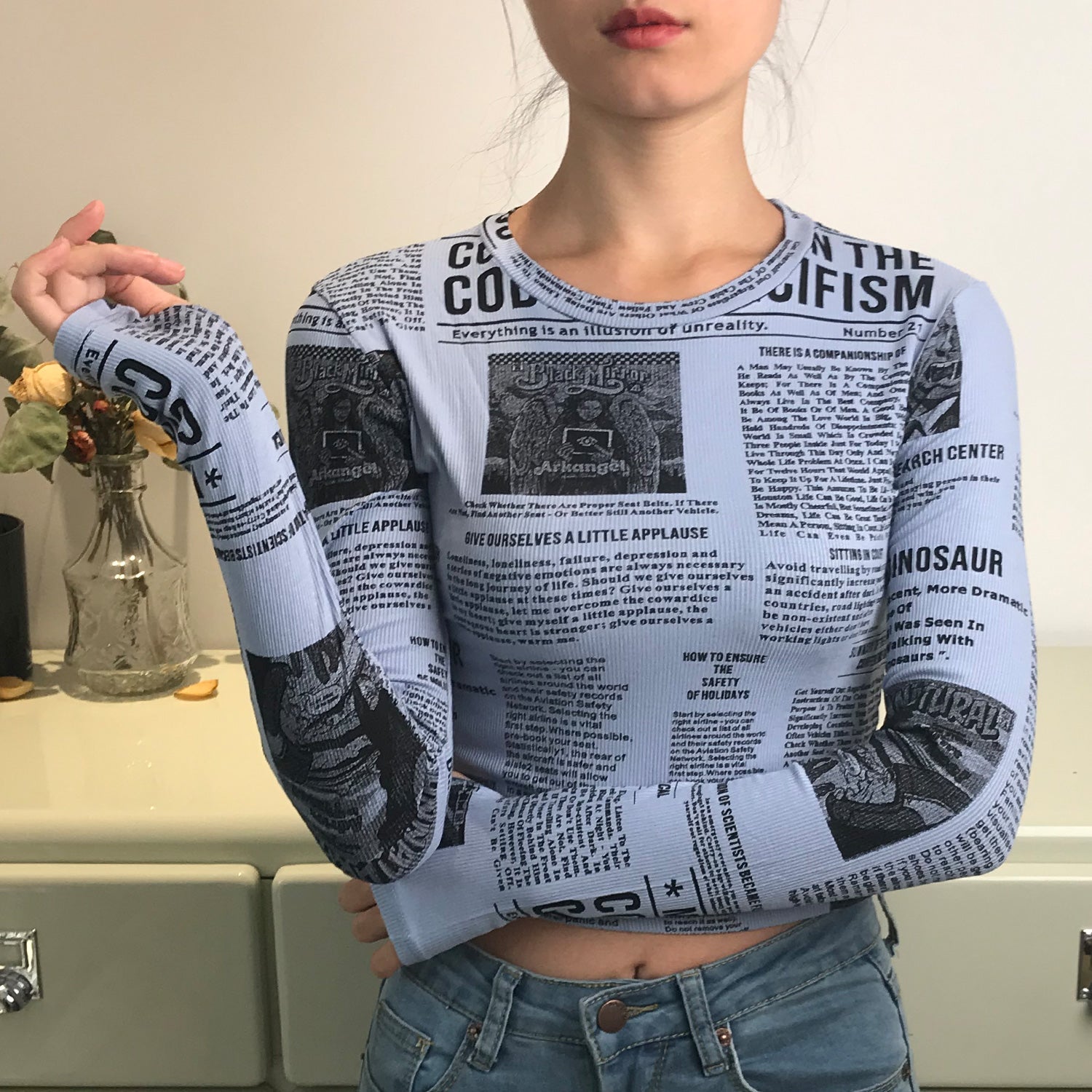 Newspaper Printed Long Sleeve Top