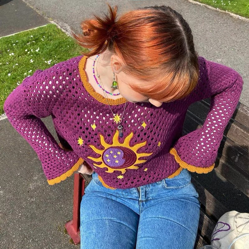 Hollowed-out Purple Loose Sweater