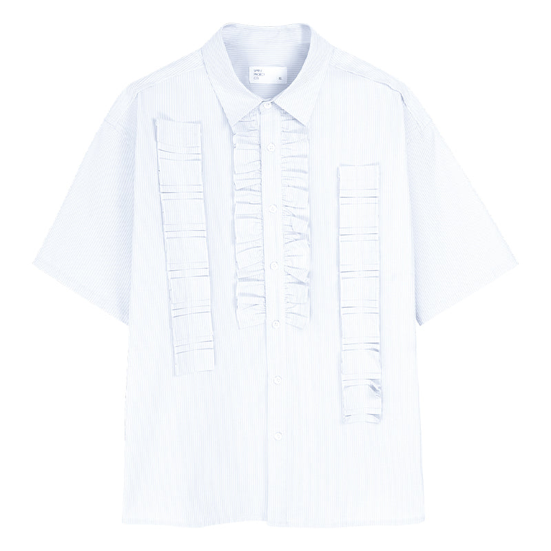 Striped Pleated Ruffled Short Sleeves Shirt