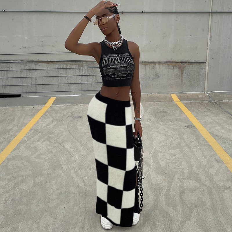 Chessboard Slim-Fit Long Skirt