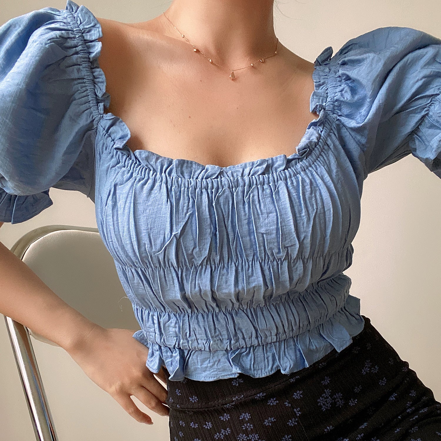 Square Neck Pleated Crop Top