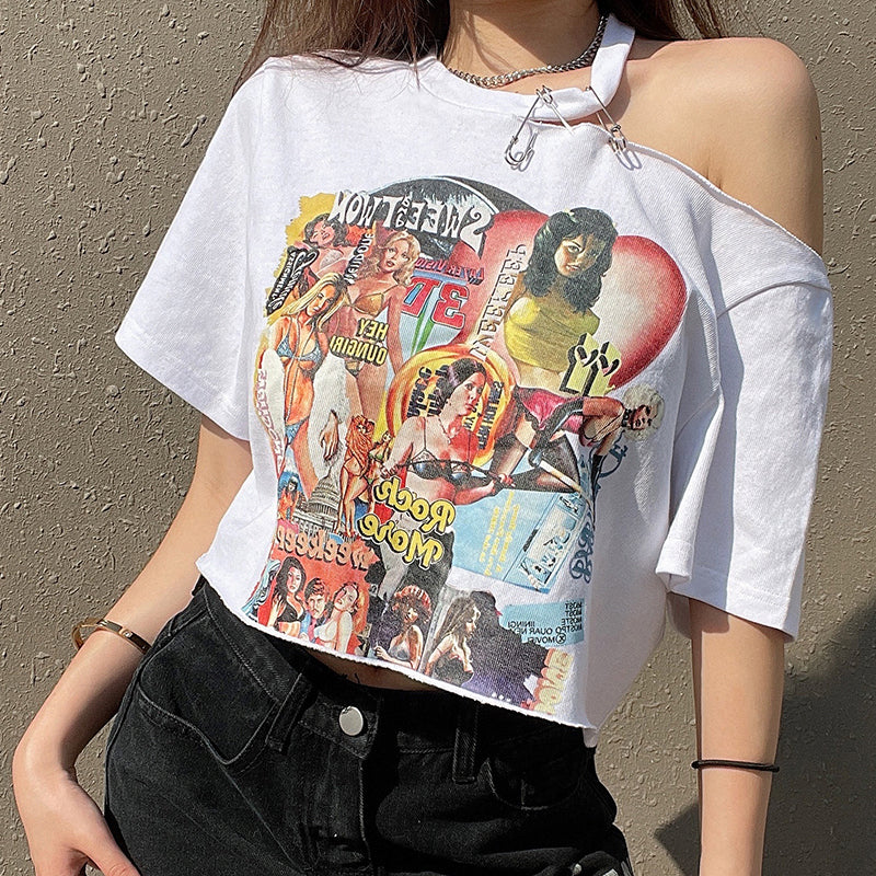 Comic Girls Print Off Shoulder T-Shirt