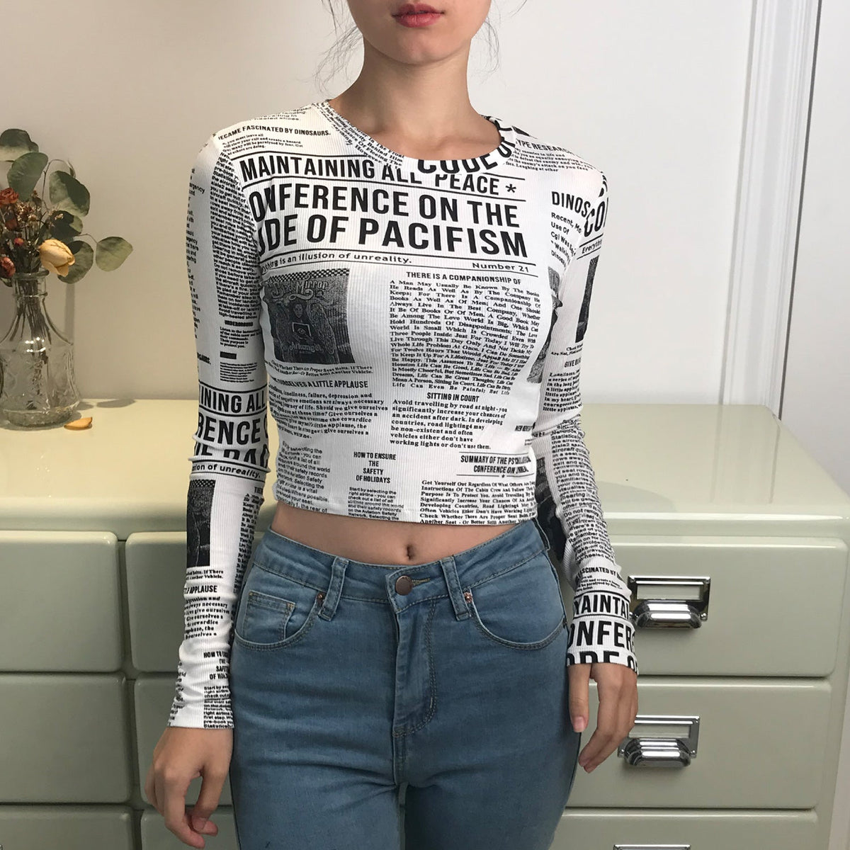 Newspaper Printed Long Sleeve Top