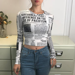 Newspaper Printed Long Sleeve Top