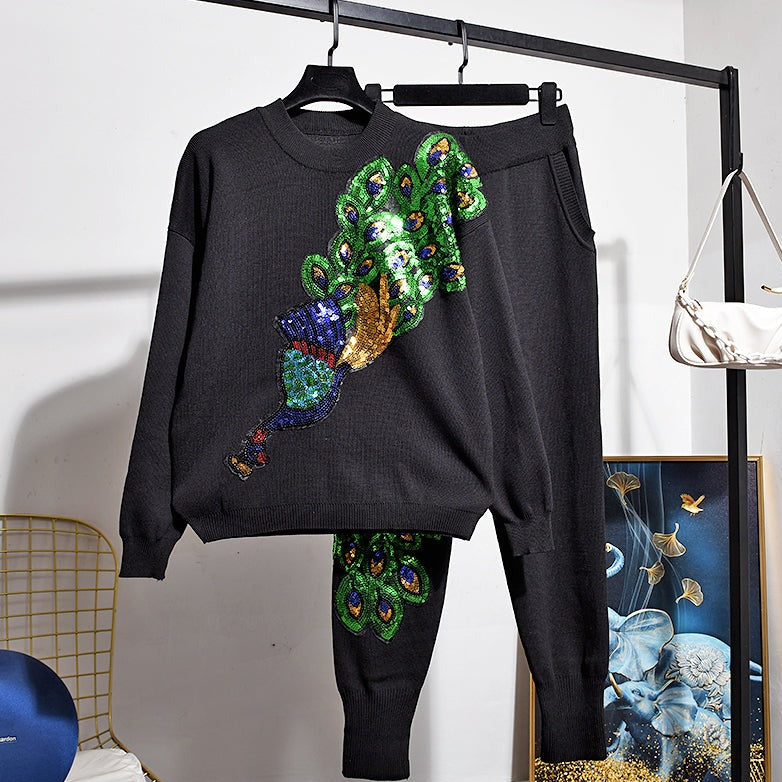 Peacock Sweater Trousers with Sequins 2 Set