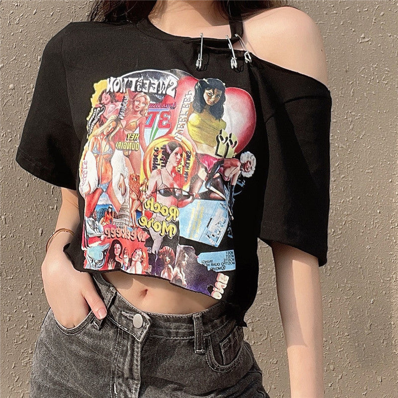 Comic Girls Print Off Shoulder T-Shirt