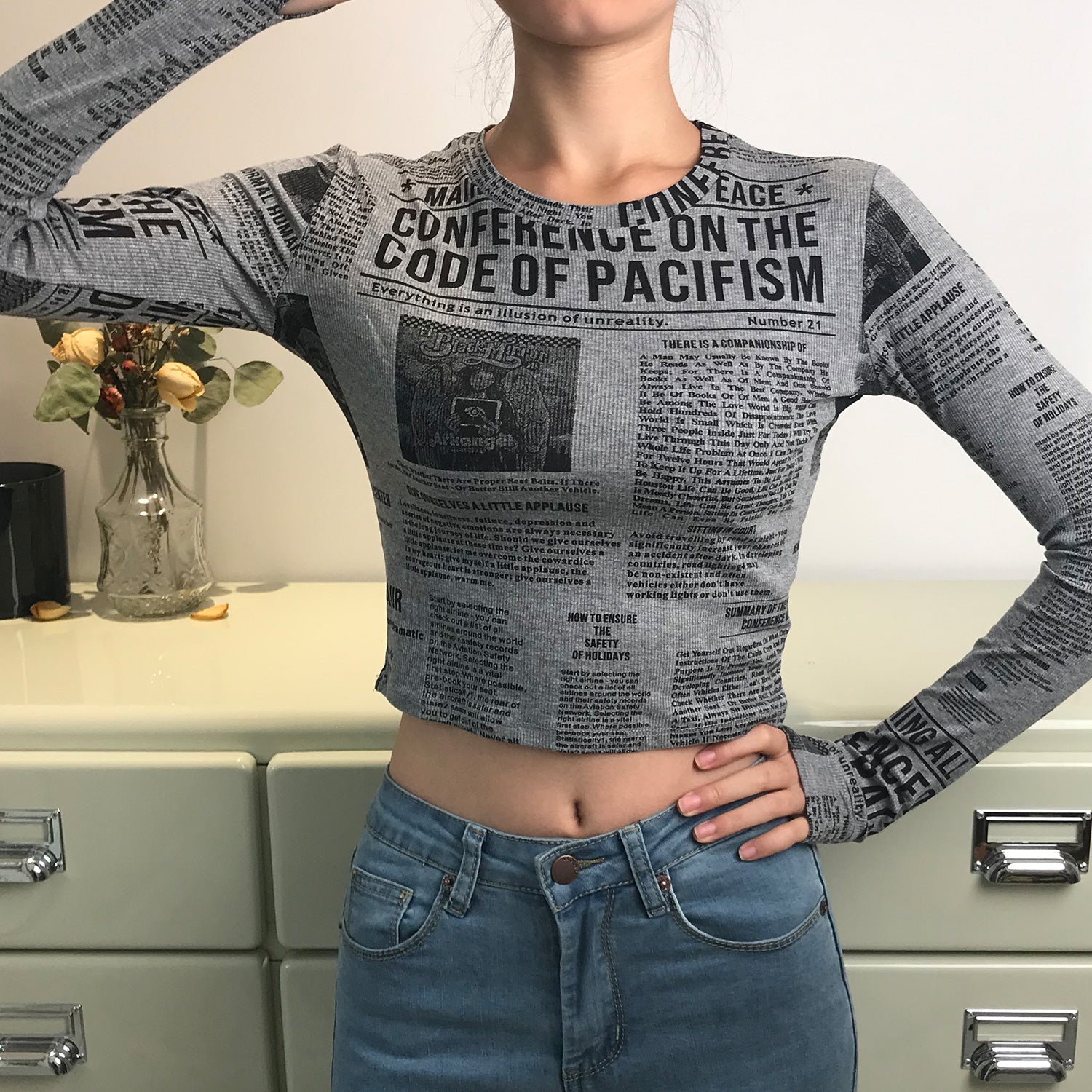 Newspaper Printed Long Sleeve Top