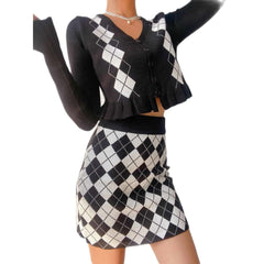 Diamon Plaid V-Neck Retro Cardigan and Skirt