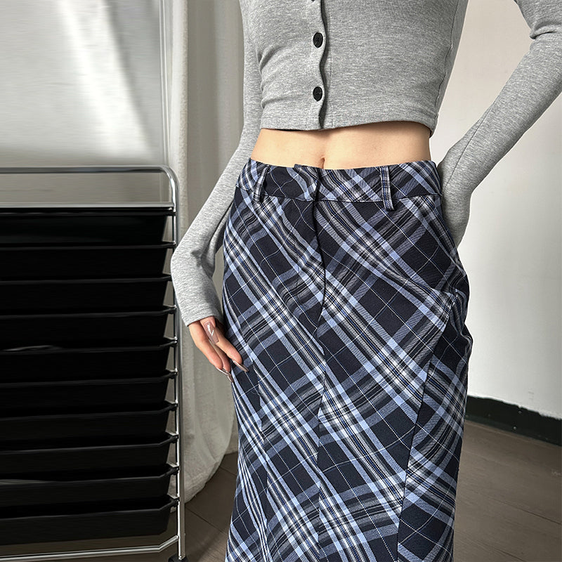 Gusty New Pure Desire Style Temperament Striped Grid Temperament Fishtail Skirt High Waist Slimming Versatile Patchwork Length Skirt