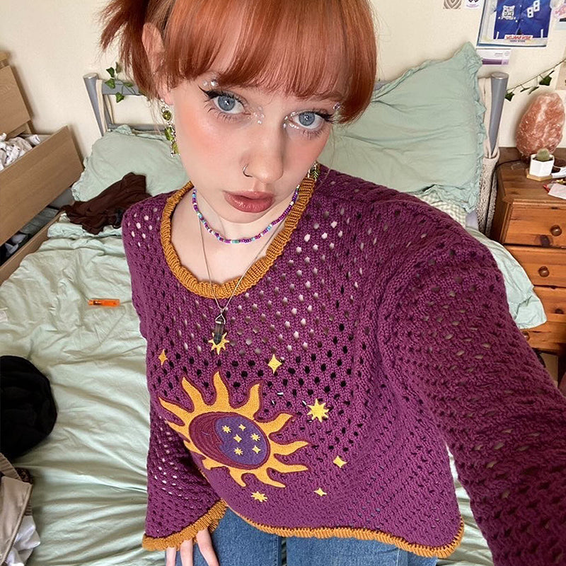 Hollowed-out Purple Loose Sweater