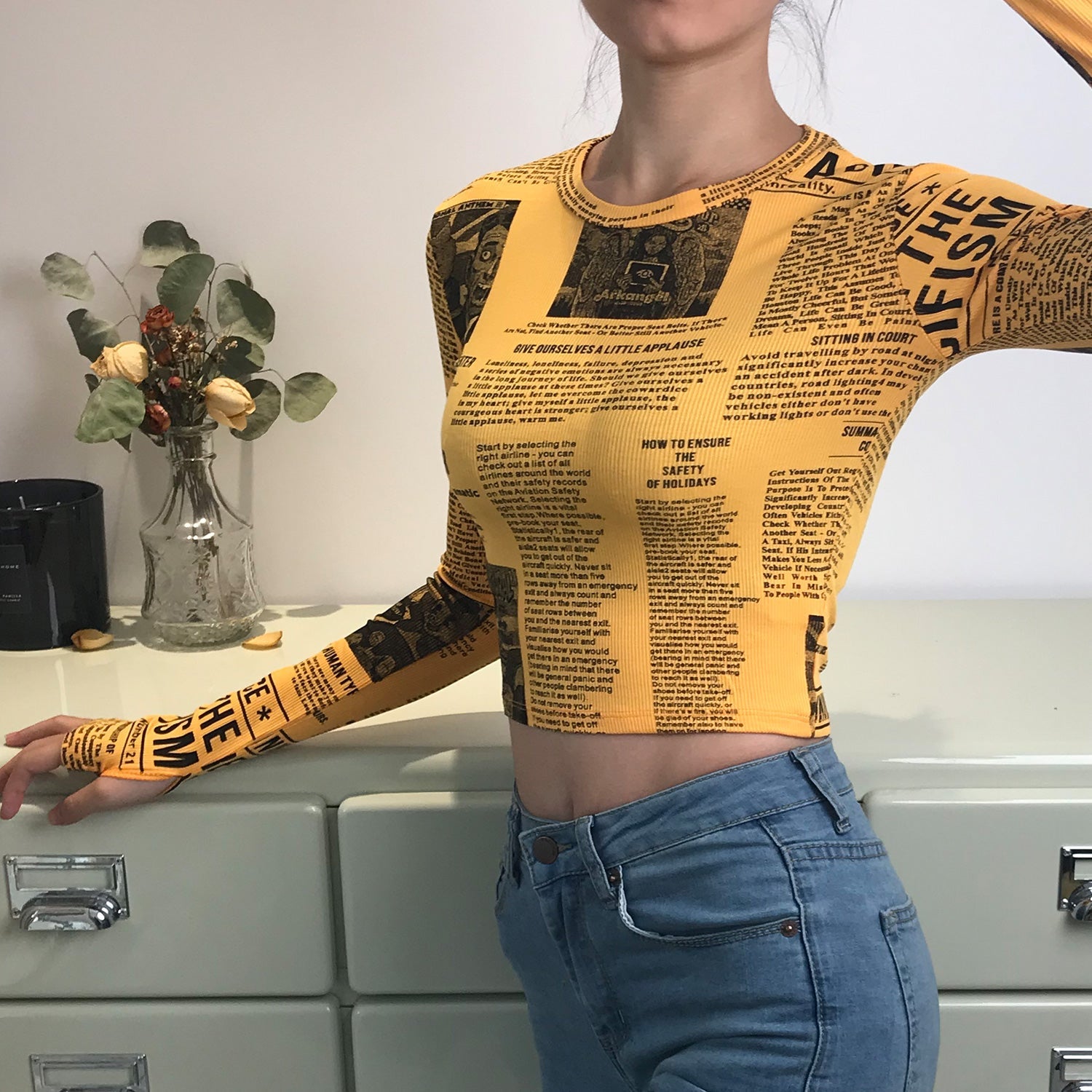 Newspaper Printed Long Sleeve Top