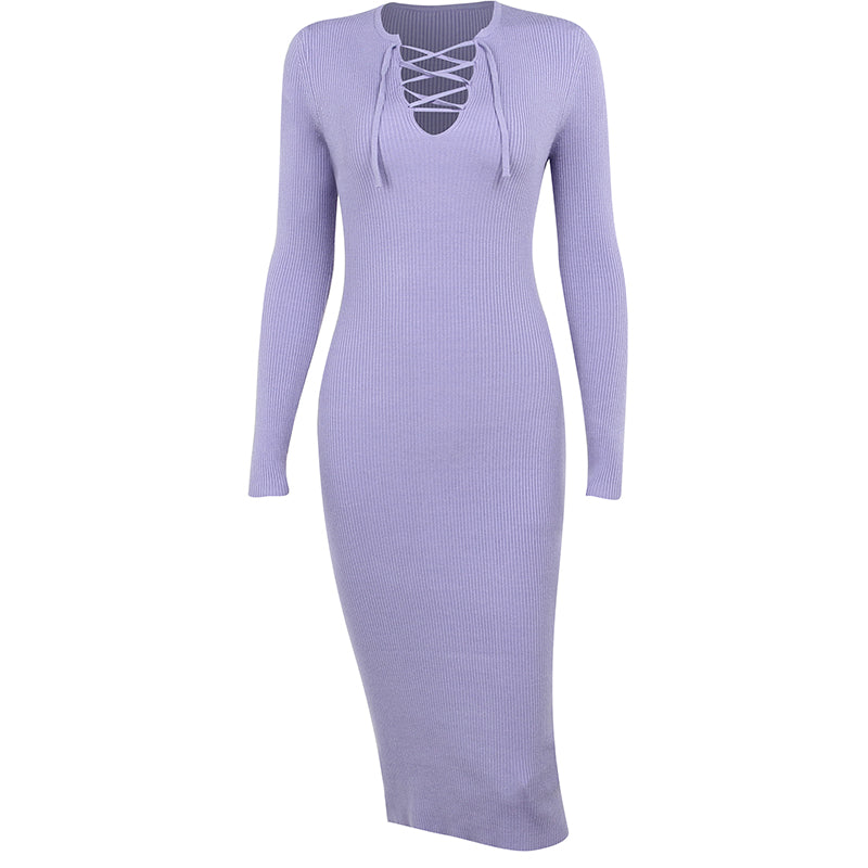 Lace-up Solid Color Knitted Dress