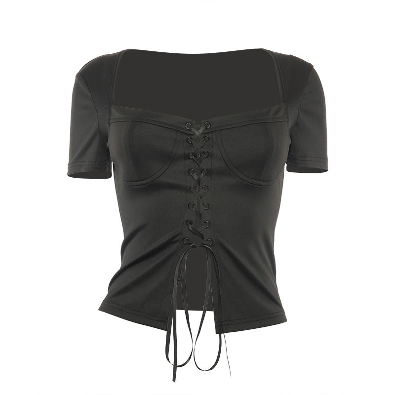 Square Neck Lace-up Slim Fit Top