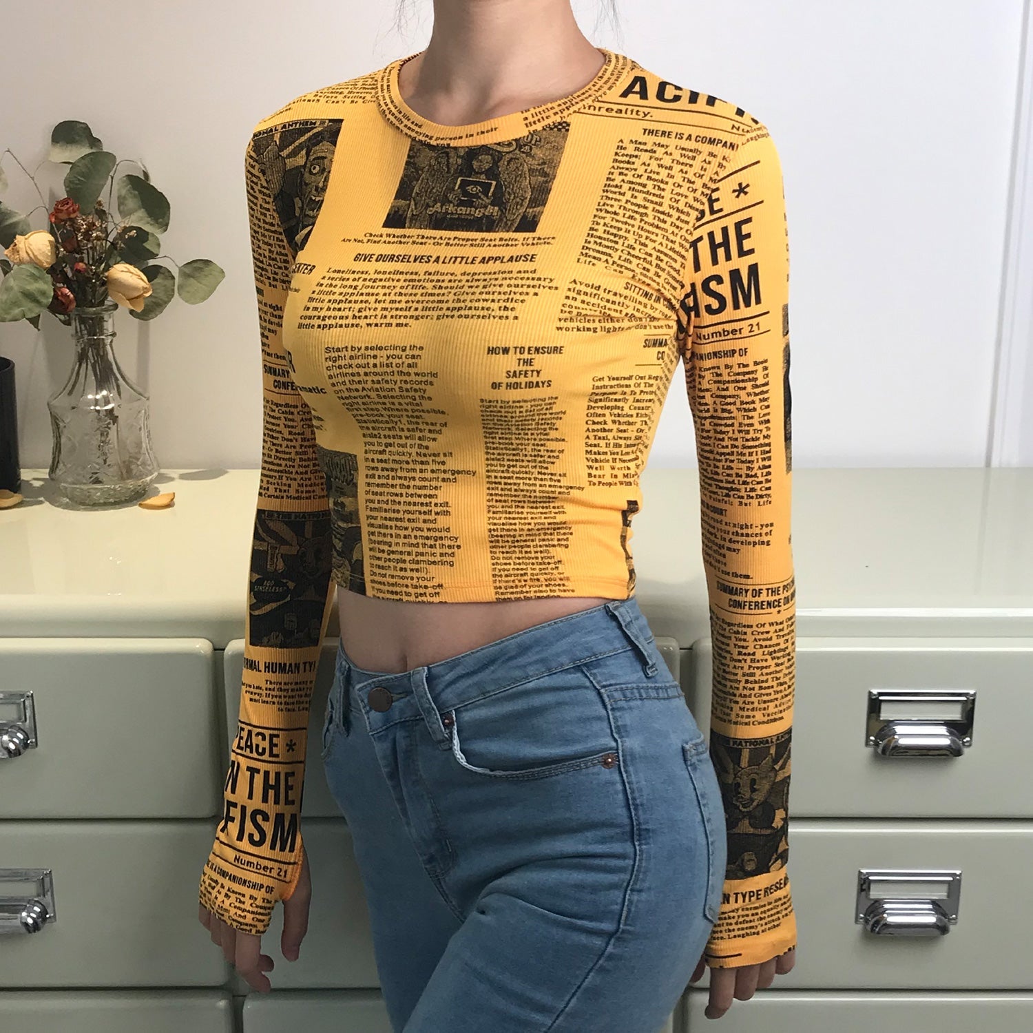 Newspaper Printed Long Sleeve Top