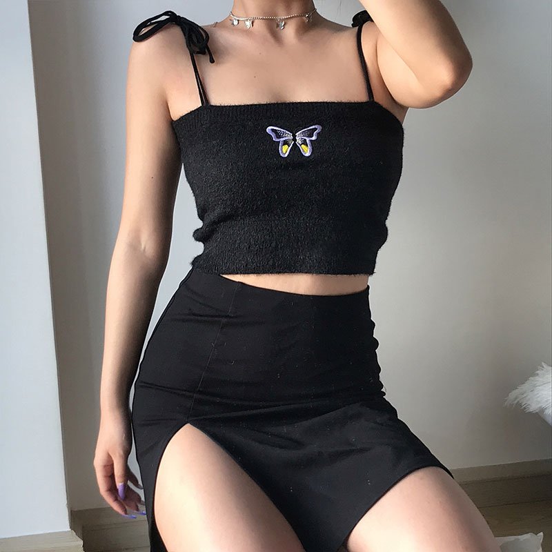 Butterfly Embroidery Slim-Fit Shoulder Crop Top